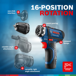 Bosch 5-In-1 Drill/Driver with Flexiclick System and 12 Volt 2.0 Ah Batteries