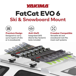 YAKIMA FatCat EVO 6 Skis or 4 Snowboards Mount Roof Rack, Fits T-Slot Crossbars