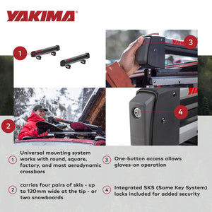 Yakima FreshTrack 4 Universal Car Roof Top Mount Ski and Snowboard Rack, Black