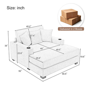 Oversized Chaise Lounger Modern Style Sofa Couch With Pillows, Charge Station & Cup Holders