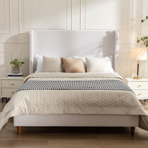 Hayden King Size Upholstered Wingback Bed with Textured Ivory Canvas and Tall 54' Headboard