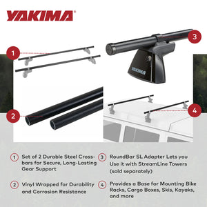 Yakima RoundBar Large 66” Steel Round Roof Rack System Crossbars, Set of 2