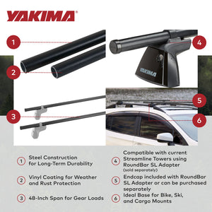 Yakima RoundBar Small 48” Steel Round Roof Rack System Crossbars, Set of 2