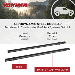 YAKIMA 60 Inch Steel CoreBar Aerodynamic Roof Rack Crossbars, Black, Set of 2