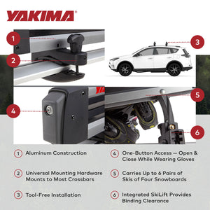 Yakima FreshTrack 6 Universal Car Roof Top Mount Ski and Snowboard Rack, Black