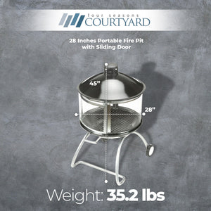 Four Seasons Courtyard Portable Fire Pit, 28" Outdoor Fireplace w/ Sliding Door