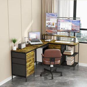 Industrial L Shaped Desk With Power Hub With 6 Drawers And Adjustable Monitor Stands - Brown