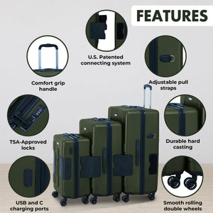 TACH V3.1 3 Piece Set Connectable Hard Shell Spinner Suitcase Luggage Set, Green