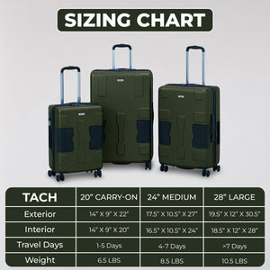 TACH V3.1 3 Piece Set Connectable Hard Shell Spinner Suitcase Luggage Set, Green