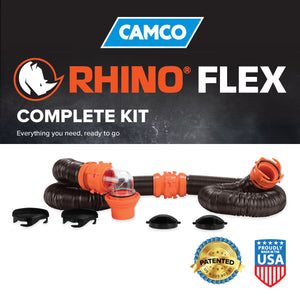 Camco RhinoFLEX 20’ RV Sewer Hose Kit w/ Removable 4 in 1 Adapter, Black/Orange