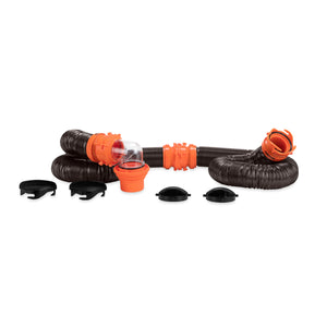 Camco RhinoFLEX 20’ RV Sewer Hose Kit w/ Removable 4 in 1 Adapter, Black/Orange