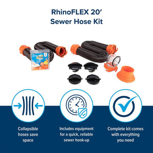 Camco RhinoFLEX 20’ RV Sewer Hose Kit w/ Removable 4 in 1 Adapter, Black/Orange