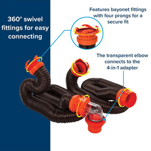 Camco RhinoFLEX 20’ RV Sewer Hose Kit w/ Removable 4 in 1 Adapter, Black/Orange