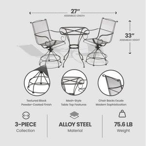Woodard Uptown 3 Piece Bistro and Balcony Set with Powder Coated Finish, Black - TRAPSKI