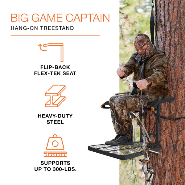 Big Game Captain Steel Hang-On Treestand with 14" x 12" Flip-Back Seat, Black