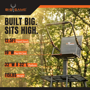 Big Game The Defender 12.5 Ft Tripod Stand, Deer Hunting Ladder w/ Rotating Seat