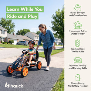 hauck Speedster Pedal Car w/ 3 Way Adjustable Bucket Seat & Steel Frame, Orange