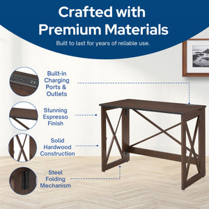 MECO Stakmore Stylish Versatile Folding Desk with Built In Outlets, Espresso - TRAPSKI
