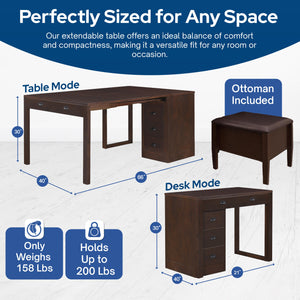 MECO Stakmore Wooden Made Expandable Desk with Ottoman and 3 Functioning Drawers - TRAPSKI
