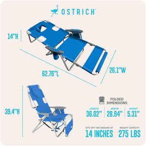 Ostrich The Backpack 3N1 Portable Chair Cooler Bag Reclining Lounger, Royal Blue