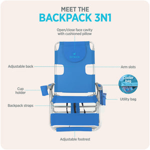 Ostrich The Backpack 3N1 Portable Chair Cooler Bag Reclining Lounger, Royal Blue