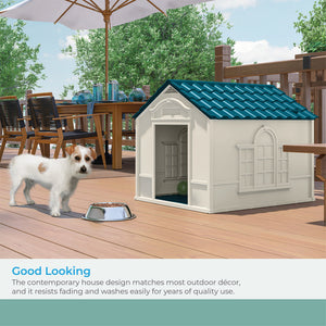 Suncast Deluxe Dog House with Vents and Crowned Channeled Floor, Taupe/Blue