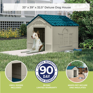 Suncast Deluxe Dog House with Vents and Crowned Channeled Floor, Taupe/Blue