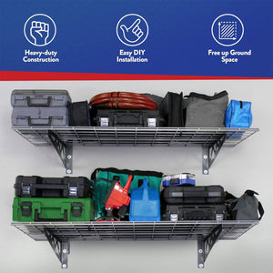 SafeRacks 18x48 Inch Garage Wall Mounted Wire Utility Shelf, Hammertone (2 Pack)