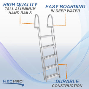 RecPro 5 Step Angled Aluminum Pontoon Dock and Boat Boarding Ladder, Silver