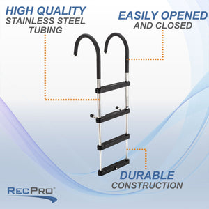 RecPro Compact Stainless Steel Heavy Duty 4 Step Pontoon Boat Boarding Ladder - TRAPSKI