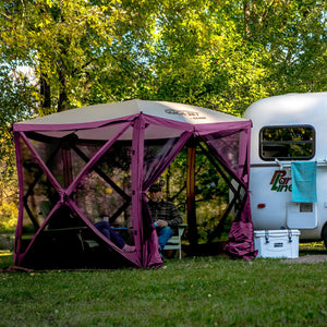 CLAM Quick Set Venture 9x9 Ft Shelter + CLAM Quick Set Tent, Plum (2 Pack) - TRAPSKI