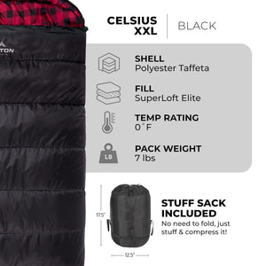 TETON Sports Celsius XXL 0 Degree Right Zipper Sleeping Bag for Camping, Black - TRAPSKI
