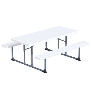 Peakform 6 Foot Rectangular Picnic Table, Double Bench Wood Grain Seating, White