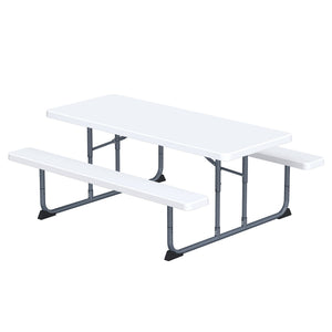 Peakform 6 Foot Rectangular Picnic Table, Double Bench Wood Grain Seating, White