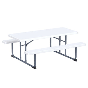 Peakform 6 Foot Rectangular Picnic Table, Double Bench Wood Grain Seating, White