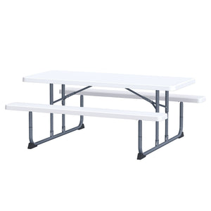 Peakform 6 Foot Rectangular Picnic Table, Double Bench Wood Grain Seating, White