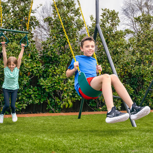 gobaplay Explorer Kids Swing Set w/Frame, Dual Platform Saucer, Swings & Trapeze