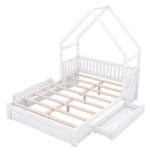 House Style Platform Bed With Guardrail And 2 Drawers