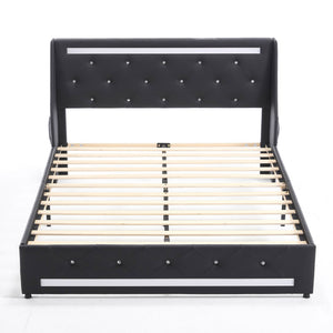 Wingback Upholstered Bed Frame With LED Lights, Charging Station