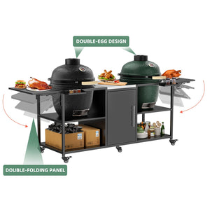 Outdoor Grill Cart For 2 Big Egg - Black / Silver