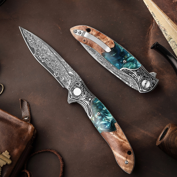 Helios Japanese Damascus Pocket Knife VG-10 with Exotic Stabilized Olive Burl Wood Handle