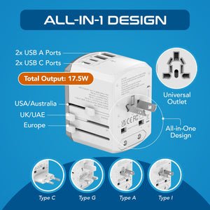 All-In-One International Travel Adapter - 5 in 1 - 2 USB-A & 2 USB-C - Max. 17.5W (3.5A) - White (UP-15KU-WH) - TRAPSKI