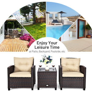 3 Pcs Patio Rattan Furniture Set Cushioned Conversation Set Coffee Table-Beige