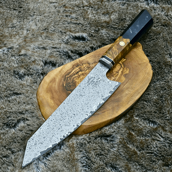 Aurora Japanese VG10 Damascus Knife with Olive Wood Burl & Black Pearl Resin Handle