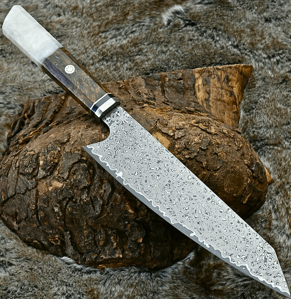 Aurora Japanese VG10 Damascus Steel Knife with Exotic Olive Wood Burl & Mother of Pearl Handle