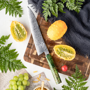 Deuce Custom Japanese Chef Knife with Exotic Maple Burl Wood Handle