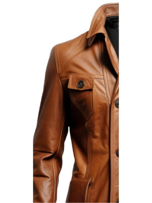 Men's Brown Leather Car Coat with Four Flap Pockets