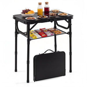 3-Height Folding Camping Table with Large Storage Net & Handle
