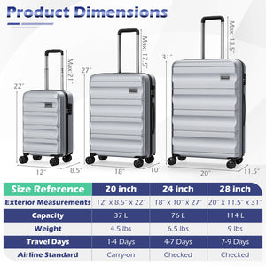 3-Piece Hardside Luggage Set 20/24/28 Inch Lightweight Hardside Suitcases