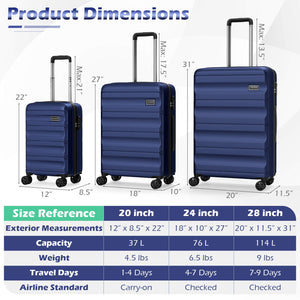 3-Piece Hardside Luggage Set 20/24/28 Inch Lightweight Hardside Suitcases